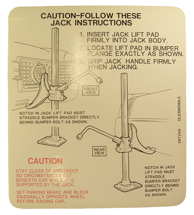 Jack Instructions Decal, 1967 Olds 98