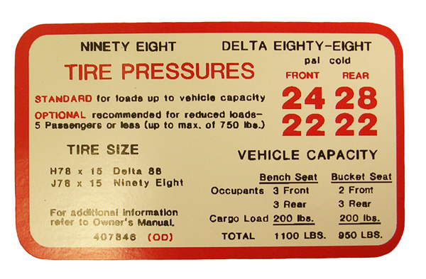 Tire Pressure Decal, 1970 Olds 88-98