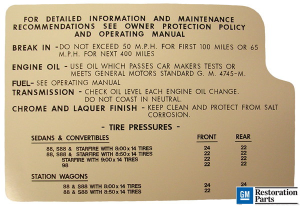 Tire Pressure Decal, 1962 88, 98, Starfire