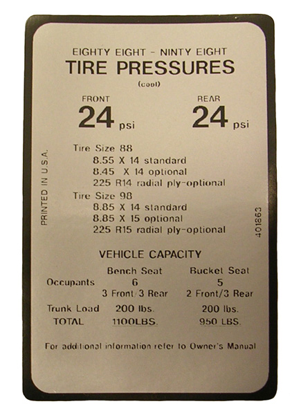 Tire Pressure Decal, 1968 Olds 88-98