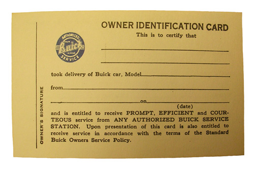 New Vehicle Owner's ID Card - 1937-58 Buick