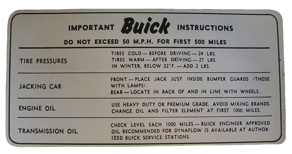 Tire pressure decal, 1951-52 Buick