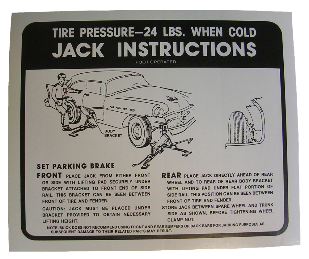 Jack instructions and tire pressure card, 1956 Buick