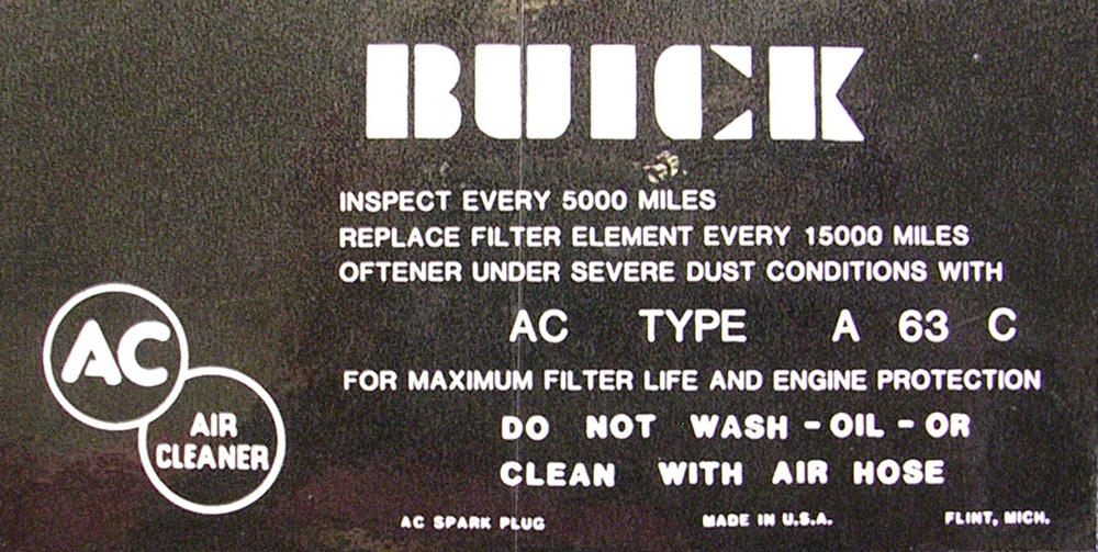 Dry Element Air Filter Service Decal, 1958 Buick with 2 barrel carburetor