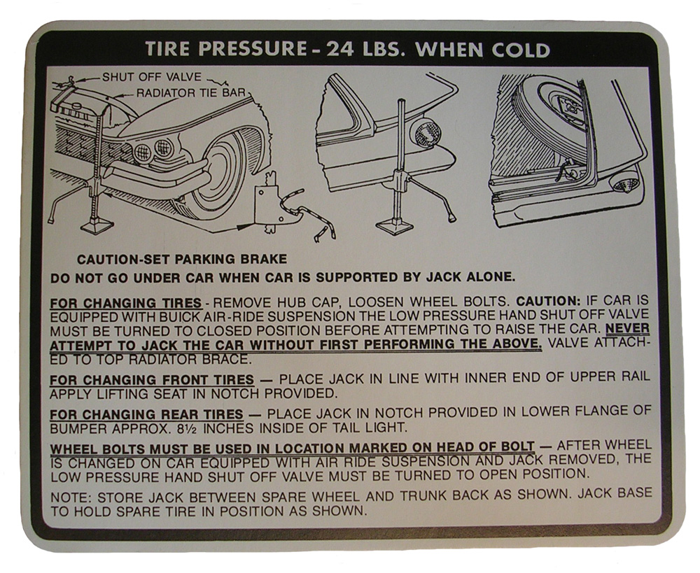 Jack Instruction and Tire Pressure Decal, 1959 Buick