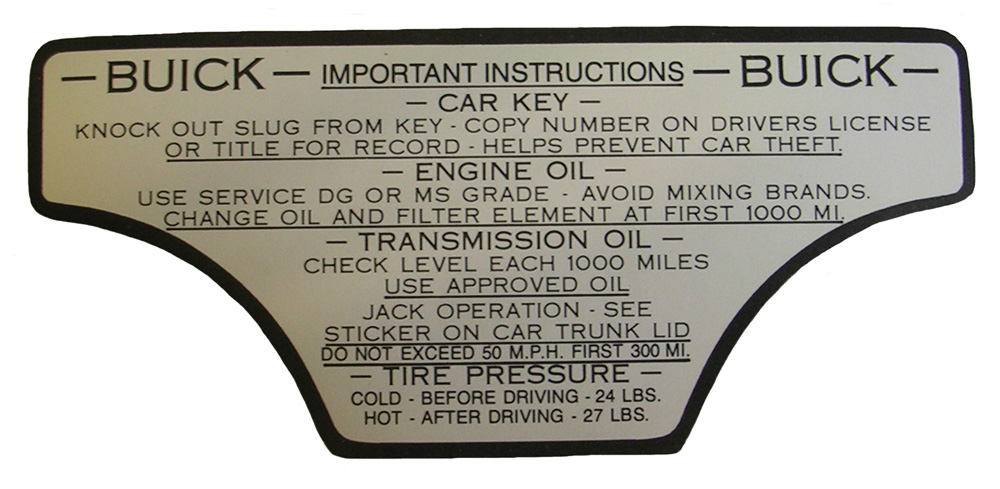 Tire pressure and oil pressure decal in glove box, 1959 Buick