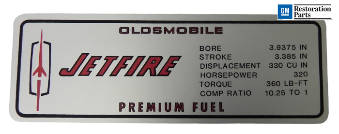 Valve Cover Engine Specifications Decal, 1967 Cutlass 330 V8, 320 Horsepower