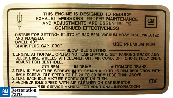 Emission and Tune up Decal, 1969 442, 400, A/T