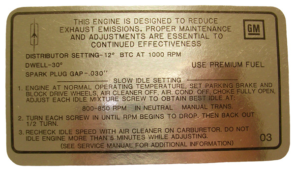 Emission and Tune Up Decal, 1969 Cutlass W-31