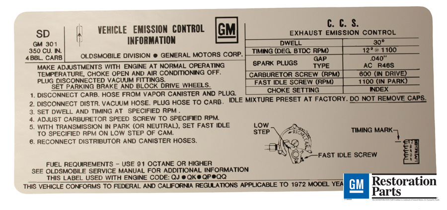 Emission and Tune Up Decal, 1972 350, 4 barrel, A/T